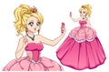 Cute anime princess taking selfie. Blondie girl wearing pink royal dress and golden crown
