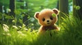 cute anime teddybear in a green forest