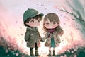 Cute anime teens, boy and girl, walking in the autumn park. Watercolor illustration