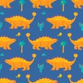 Cute ankylosaurus dinosaur, vector seamless pattern on blue background, childrens print for clothes, postcards Royalty Free Stock Photo