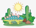 Cute ankylosaurus wildlife animal with sun and cactus