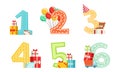 Cute Anniversary Numbers with Gift Boxes and Colorful Balloons Set, Kids Birthday Party Design Elements Cartoon Vector Royalty Free Stock Photo