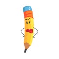 Cute annoyed cartoon yellow pencil character with hands on waist, humanized funny pencil vector Illustration