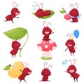 Cute Ant Character Sleeping and Carrying Big Apple Vector Illustrations Set