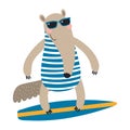 Cute anteater surfing on a surfboard cartoon character illustration.