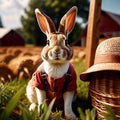 Cute anthropomorphic bunny rabbit farmer with straw hat, cartoon concept