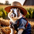 Cute anthropomorphic bunny rabbit farmer with straw hat, cartoon concept