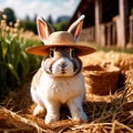 Cute anthropomorphic bunny rabbit farmer with straw hat, cartoon concept