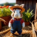 Cute anthropomorphic bunny rabbit farmer with straw hat, cartoon concept