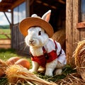 Cute anthropomorphic bunny rabbit farmer with straw hat, cartoon concept