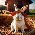 Cute anthropomorphic bunny rabbit farmer with straw hat, cartoon concept