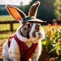 Cute anthropomorphic bunny rabbit farmer with straw hat, cartoon concept