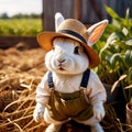 Cute anthropomorphic bunny rabbit farmer with straw hat, cartoon concept