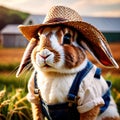 Cute anthropomorphic bunny rabbit farmer with straw hat, cartoon concept