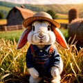 Cute anthropomorphic bunny rabbit farmer with straw hat, cartoon concept