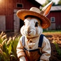 Cute anthropomorphic bunny rabbit farmer with straw hat, cartoon concept