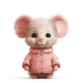 Cute anthropomorphic mouse character in a soft pink coat on white background