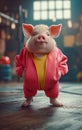 A cute anthropomorphic pig who wears sportswear and has a bold attitude