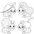 Cute ants carrying food. Vector black and white coloring page