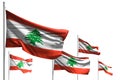 Cute any feast flag 3d illustration - five flags of Lebanon are waving isolated on white