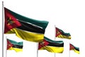 Wonderful five flags of Mozambique are waving isolated on white - any celebration flag 3d illustration