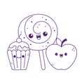 Cute apple candy in stick and cupcake kawaii cartoon character