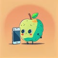 cute apple cartoon character looking at the smartphone, cartoon style, modern simple illustration