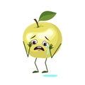 Cute apple characters with crying and tears emotions, face, arms and legs. The funny or sad hero, green fruit Royalty Free Stock Photo