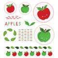 Cute apple vector illustration clipart set. Hand drawn kawaii dotty whole apples