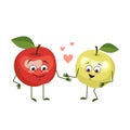 Cute apples characters with love emotions, face, arms and legs. The funny or happy heroes, green and red fruits fall in