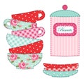 Cute applique of tea cups and stuff as retro elements for tea party Royalty Free Stock Photo