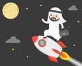 Cute arab business man riding rocket flying in sky to reach the