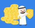 Cute arab businessman carry sword and shield protecting pile of