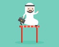 Cute arab businessman jump cross over hurdles illustration, business situation overcome obstacle concept