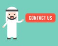 Cute arab businessman point at contact us button, business raw m