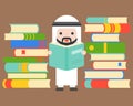 Cute Arab businessman reading big book between pile of books , b