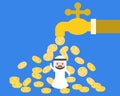 Cute arab saudi businessman under gold coins flowing from giant