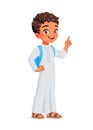 Cute Arab school boy index finger pointing up with idea. Cartoon vector illustration. Royalty Free Stock Photo