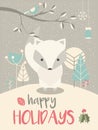 Cute Arctic Christmas baby fox with floral decoration