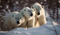 Cute arctic mammal playing in snow with furry friends outdoors generated by AI