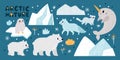 Cute arctic nature. Northern animal characters. Icebergs and ice floes. White bears with cub and fox. Cold climate
