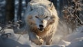 A cute arctic wolf running in the snow covered forest generated by AI