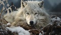 Cute arctic wolf sitting in snowy forest generated by AI