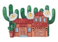 Cute Arizona house with saguaro cactus blossom, Arizona state flower. Cute house with garage. Watercolor illustration.