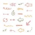 Cute arrows set in comic doodle style. Cartoon collection of arrows with hand drawn outline, curved lines, swirls in