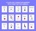 15 cute art cards for nursery with funny button animals, birds and insects - cat dog frog mouse panda hamster ladybug