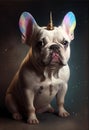 Cute art draw portrait of white french bulldog in unicorn horn