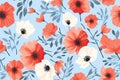 cute art of Textile Designs seamless red white flowers leaf blue background fabric pattern