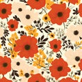 cute art of Textile Designs red orange white sweet flowers leaf wallpaper background Royalty Free Stock Photo