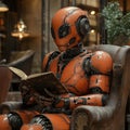 Cute artificial robot, stock. An AI generative android engrossed in reading a book and enhancing its knowledge